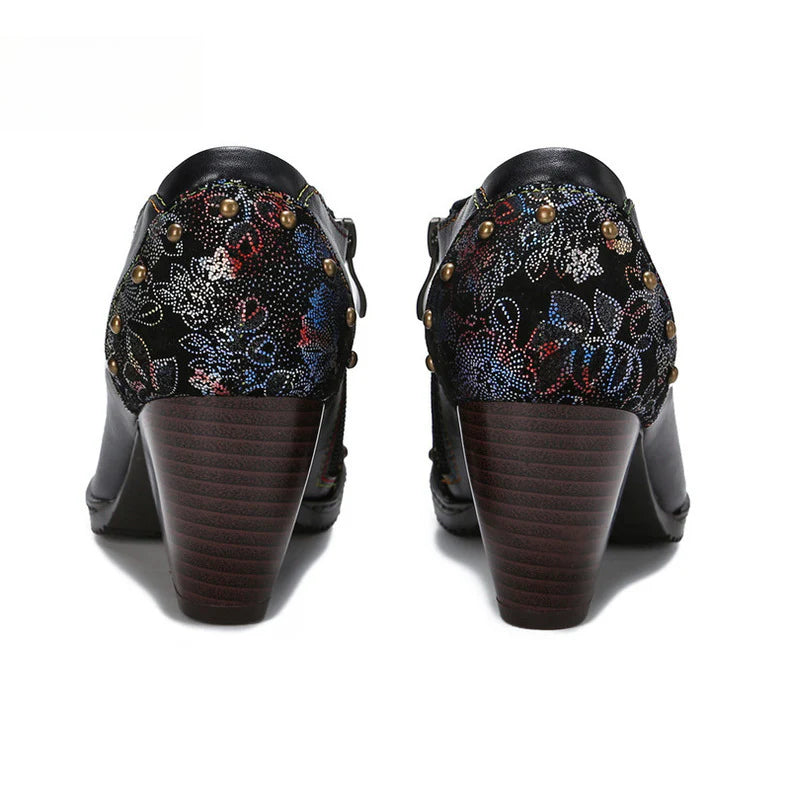 Socofy Vicconfy Round Toe Leather Fashion Side Zipper Heels Single Shoes Women's Shoes