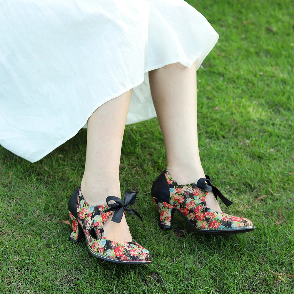 Socofy Rose Elegance Vintage Bow Heels
