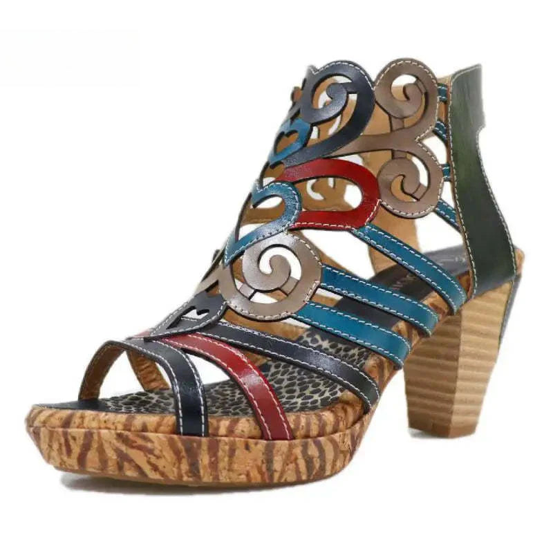 Socofy Genuine Leather Hook & Loop Mixed Colors Retro Sewing Casual High Heels Women Shoes