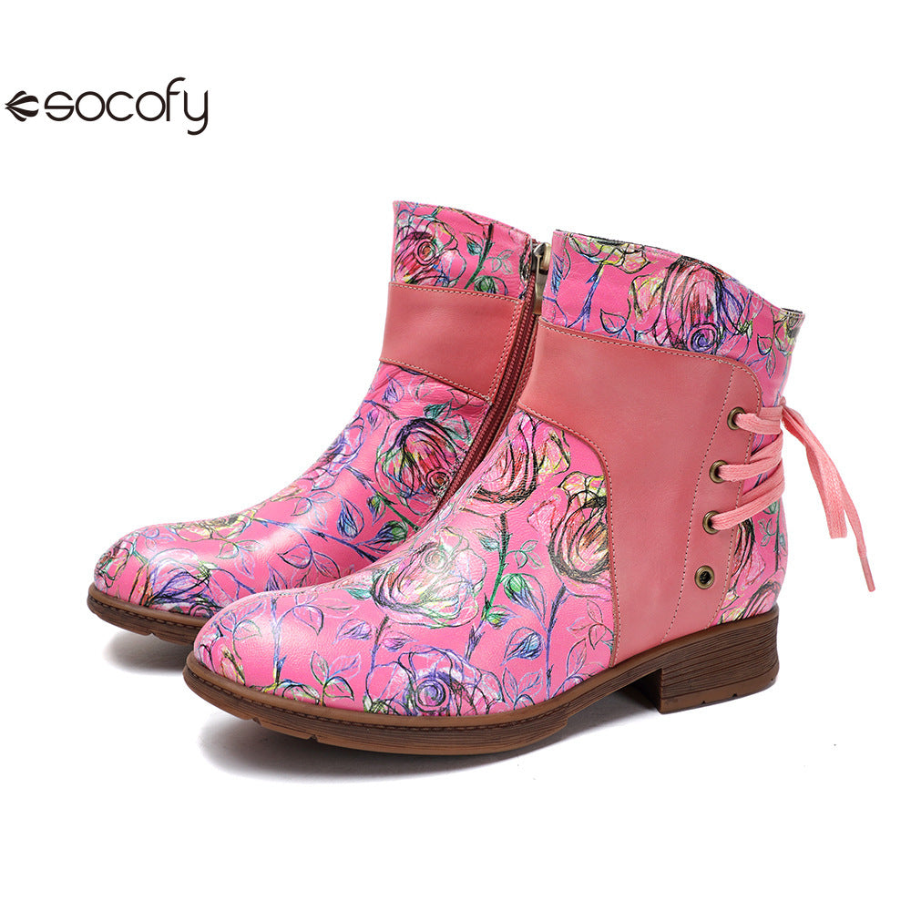 Socofy Vicconfy Retro Leather Blossom Casual Comfort Ankle Boots