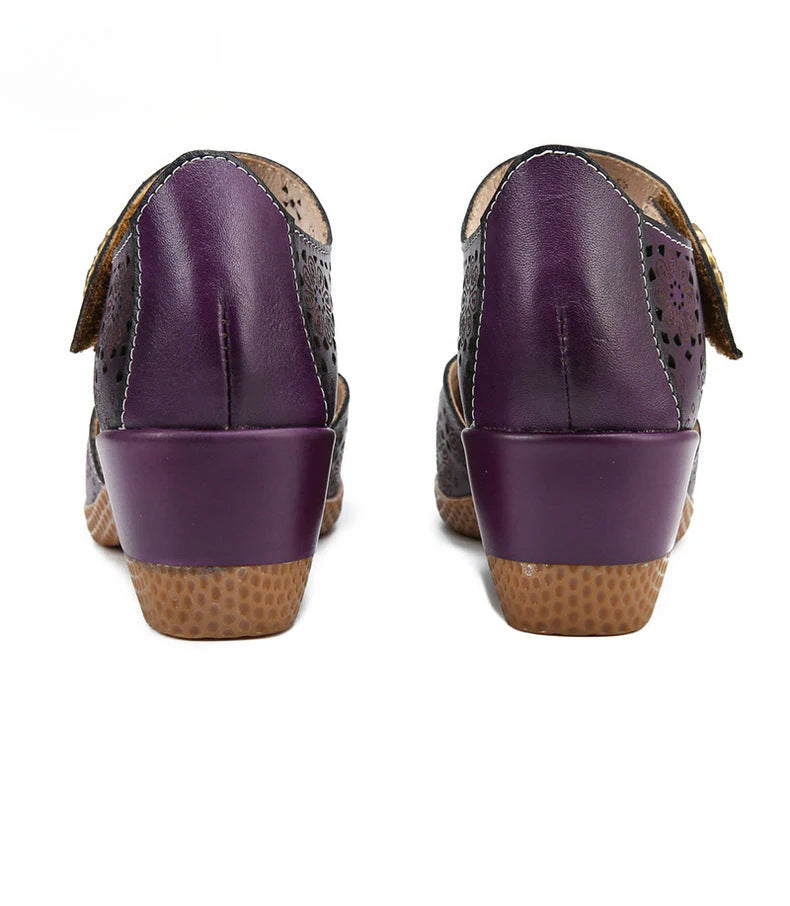 Socofy Genuine leather romantic three-dimensional flowers hollowed out sandals