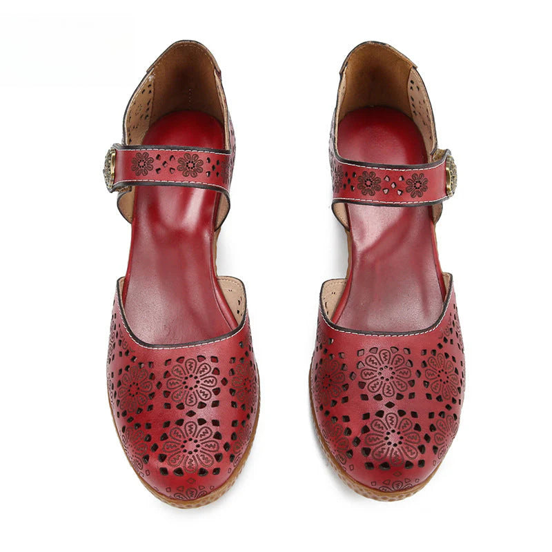 Socofy Genuine leather romantic three-dimensional flowers hollowed out sandals