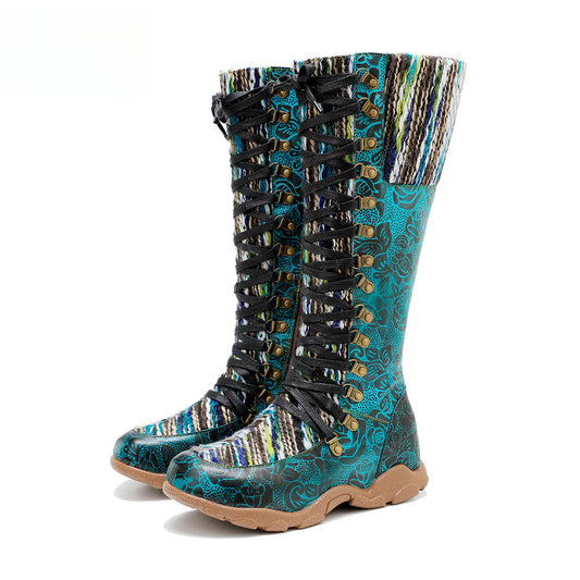 Socofy Genuine Leather Vintage Printed Wool Lace Up Comfortable Flat High Boots 1000