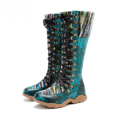 Socofy Genuine Leather Vintage Printed Wool Lace Up Comfortable Flat High Boots