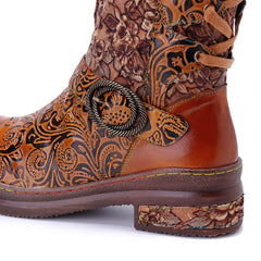Socofy Winter Leather Vintage Printed Boots