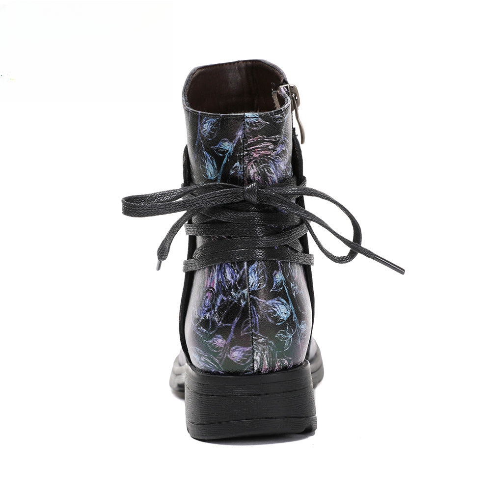 Socofy Vicconfy Retro Leather Blossom Casual Comfort Ankle Boots