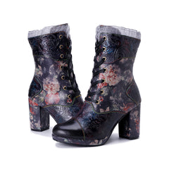 Socofy Winter Retro Lace Print Heeled Boots