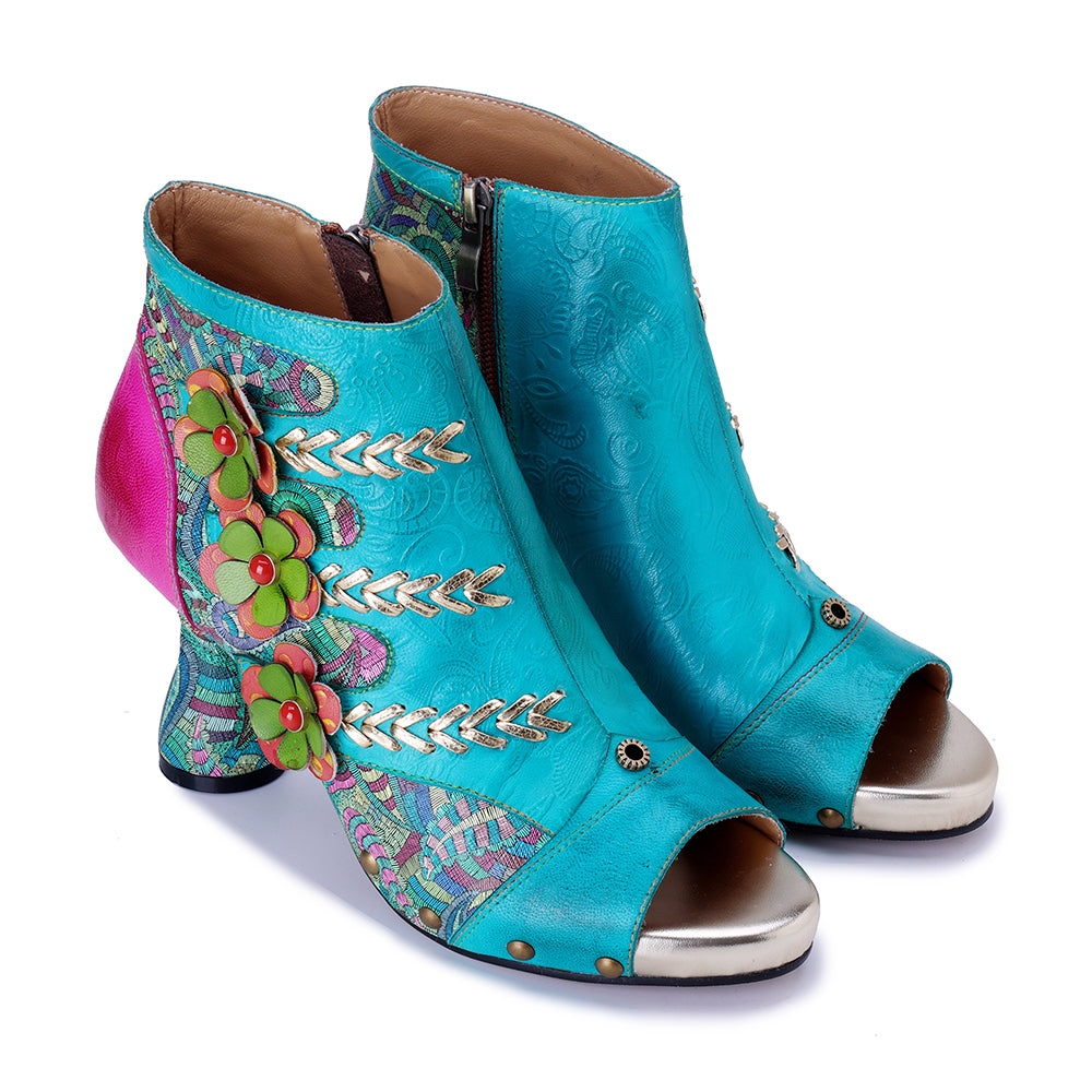 Socofy Vicconfy Leather Floral Fish Mouth Lake Green Heeled Sandals
