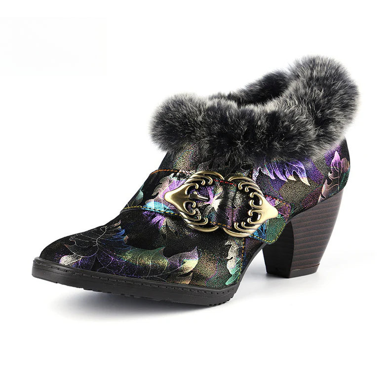 Socofy Vicconfy Genuine Leather Vintage Genuine Wool Patchwork Vintage Illusion Pumps