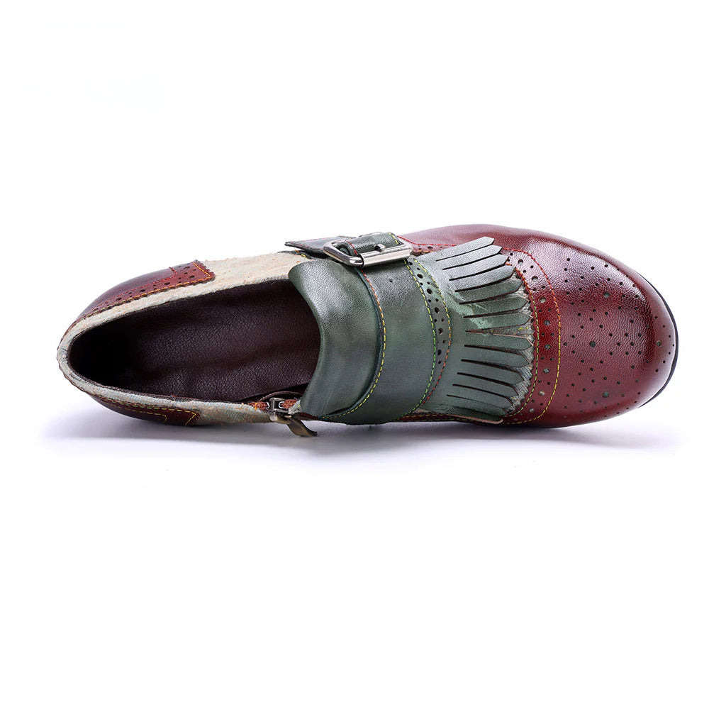 Socofy Genuine leather vintage brogue tassel side zipper Pupms