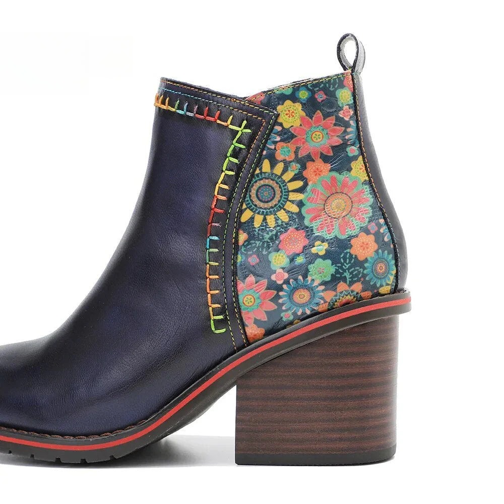 SOCOFY Genuine Leather Winter New Round Toe Patchwork Handmade Ankle Boots