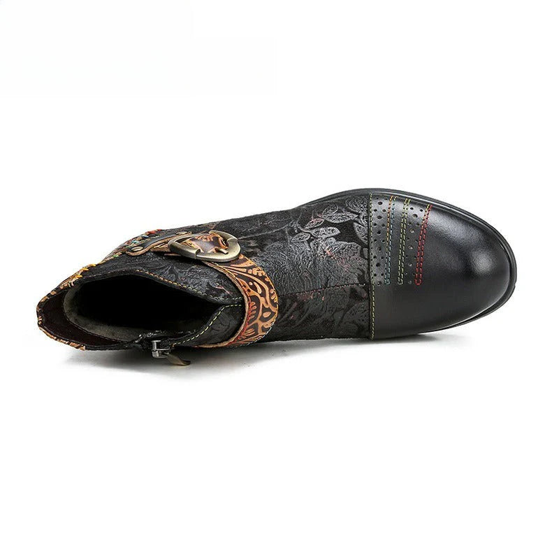 SOCOFY Genuine Leather Ethnic Style Round Toe Belt Buckle Handmade Embossing Short Boots