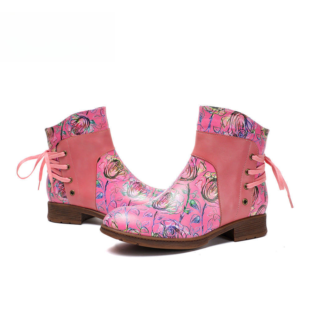 Socofy Vicconfy Retro Leather Blossom Casual Comfort Ankle Boots