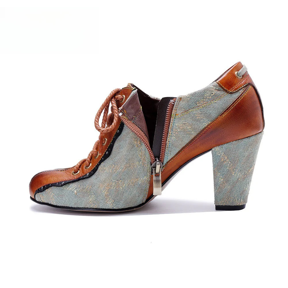 Socofy Genuine Leather Retro Fashion Lace Up Heels pumps