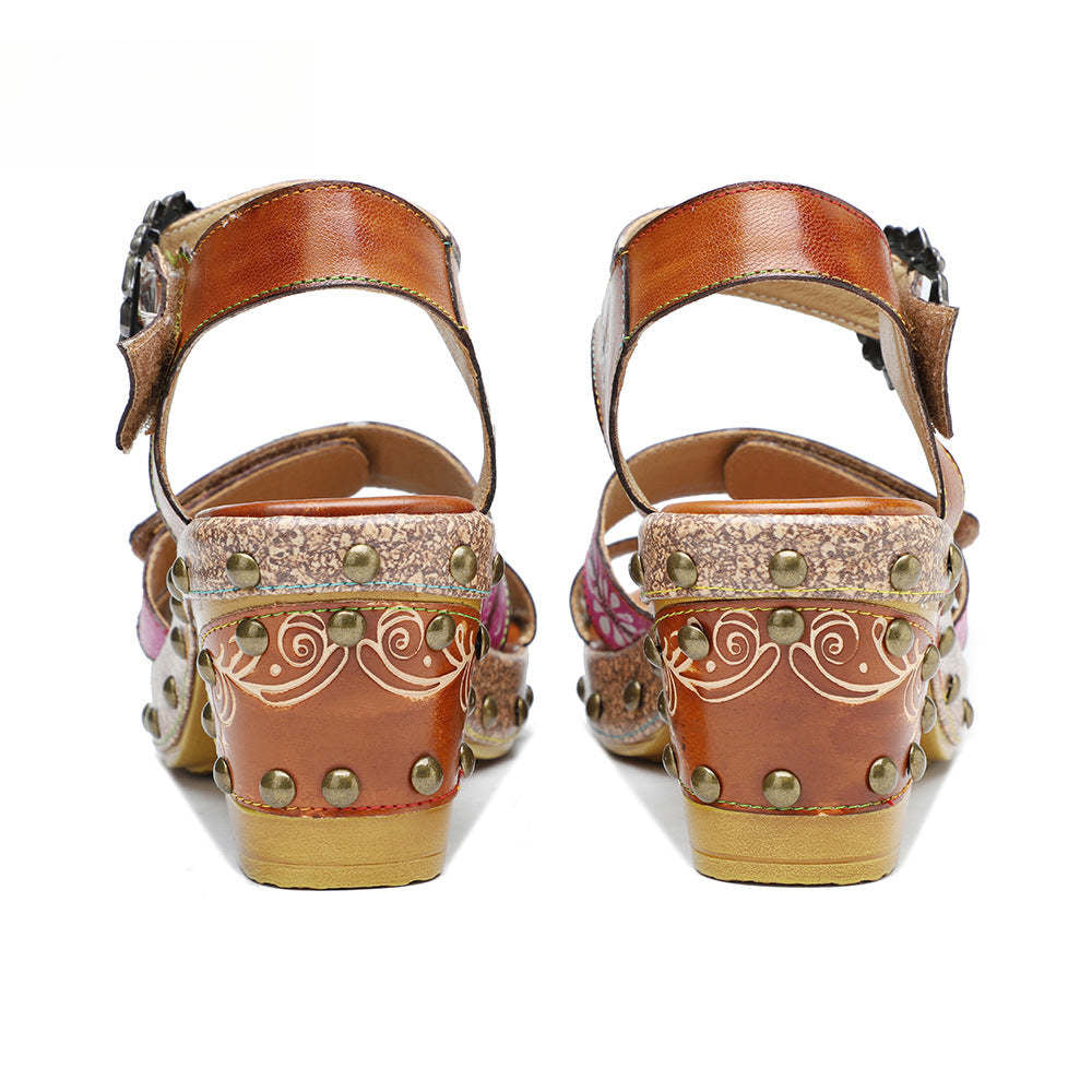 Socofy Summer Leather Retro Rivet Clash Colour High Heeled Sandals