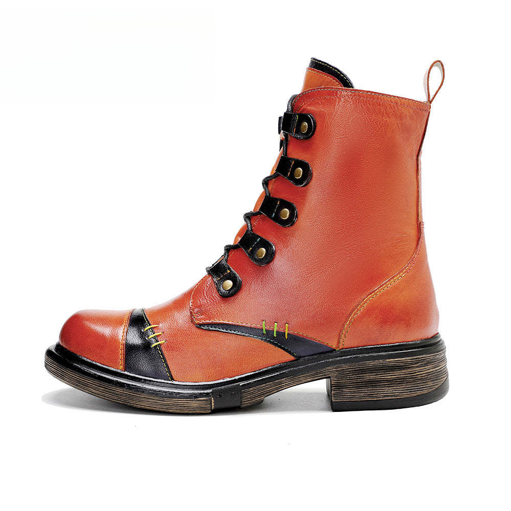 Socofy Vicconfy Leather Handmade Color Clash Retro Fashion Martin Boots Women's Boots