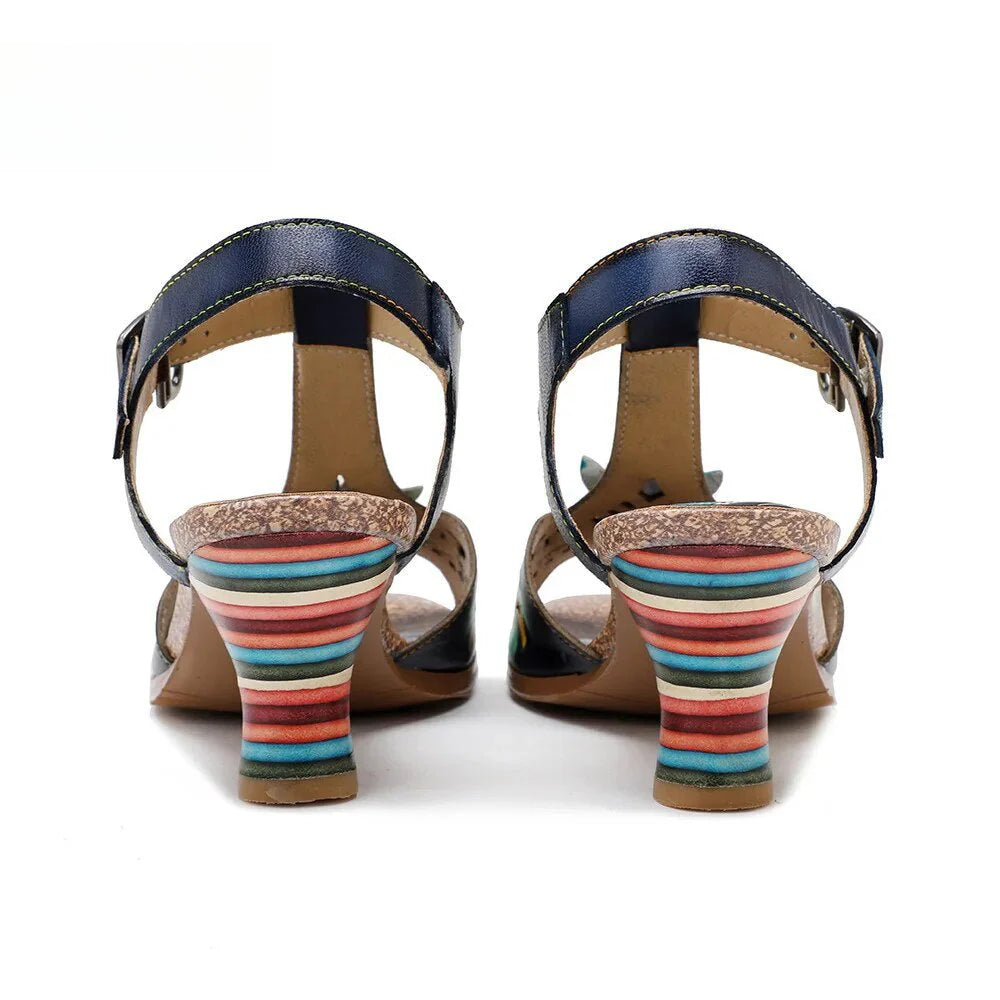Socofy Genuine Leather Hand-painted Retro Contrast Comfortable High Heeled Sandals