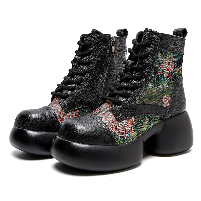 Socofy Retro Chinese Leather Platform Heel Boots