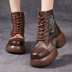 Socofy Retro Chinese Leather Platform Heel Boots