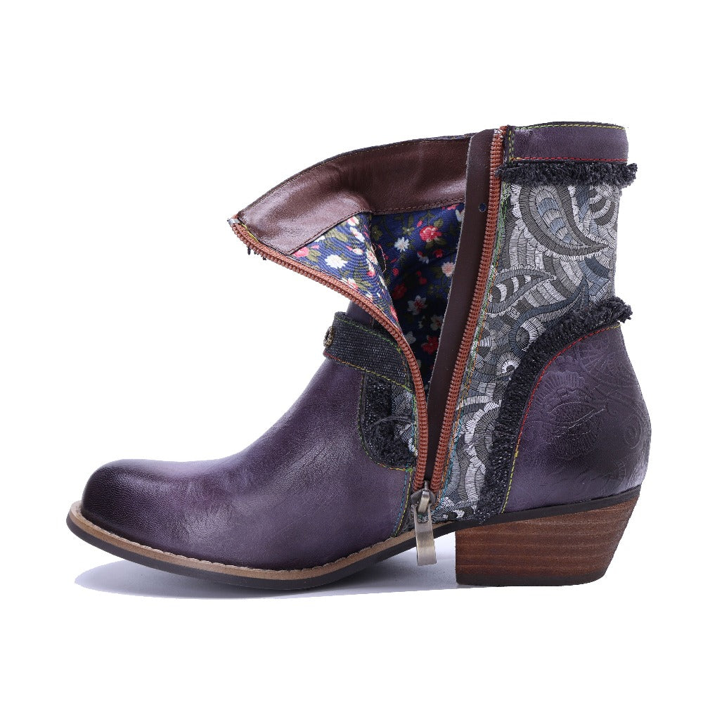 Socofy Handmade Leather Side Zipper Short Boots