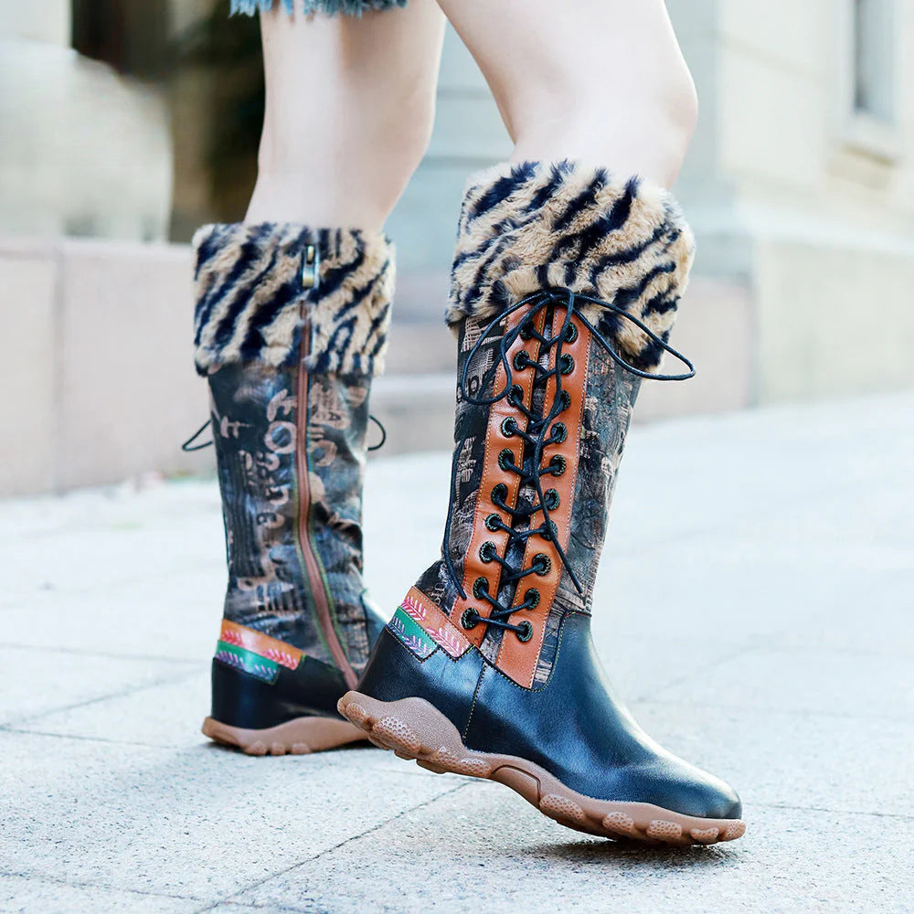 Socofy Vicconfy Printed Patchwork Padded Comfort Flat High Boots