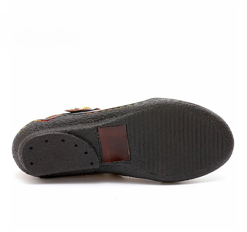 Socofy Vicconfy Ethnic Flower Leather Handmade Flat Shoes Low Heeled Single Shoes