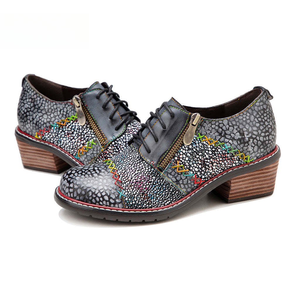 Socofy spring leather zipper Deco Chunky Heels women's shoes