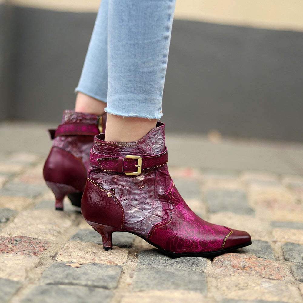 Socofy Leather Printed Patchwork Belt Buckle Slim Heel Women's Boots
