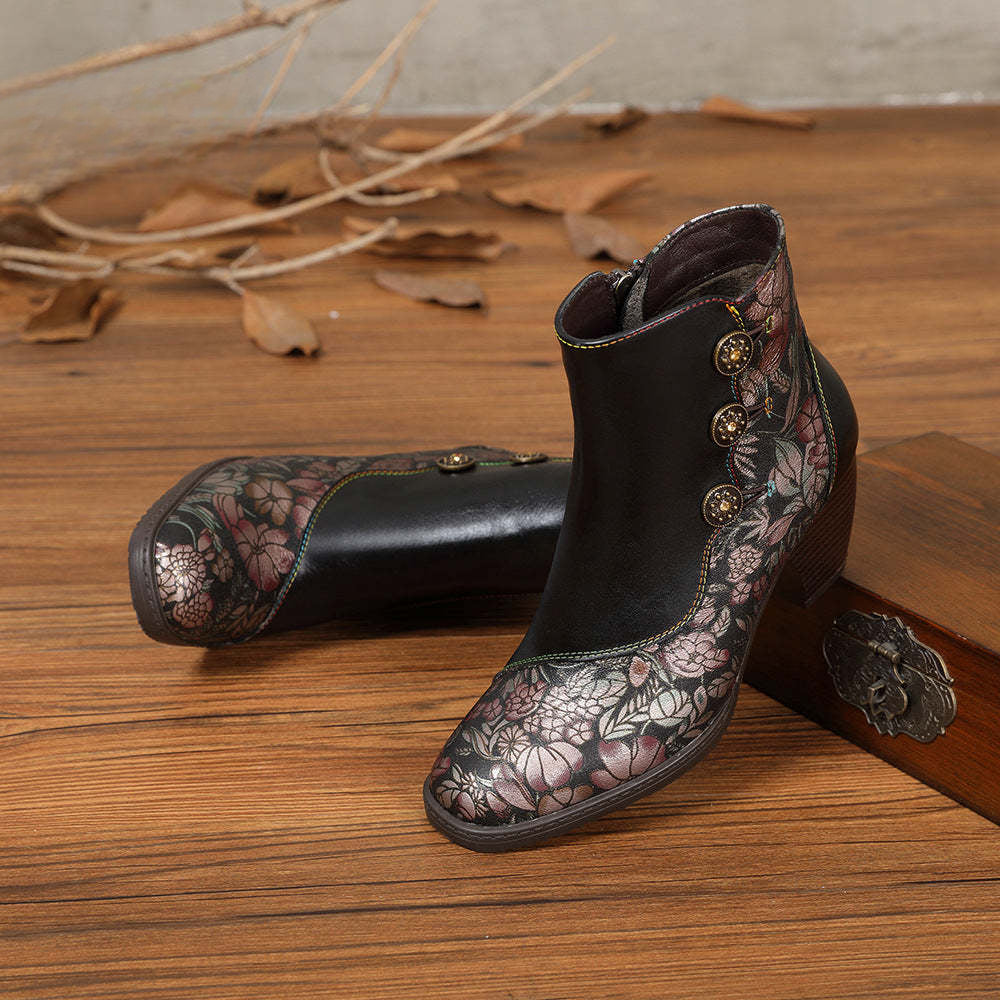 Socofy Leather Retro Flowers Fashionable Zipper Heel Boot