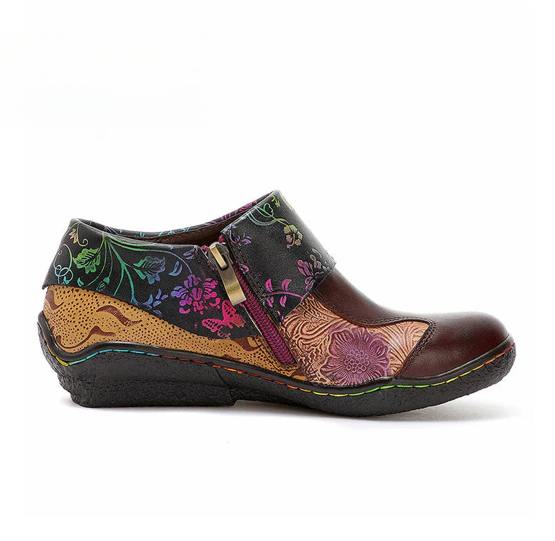 Socofy Vicconfy Ethnic Flower Leather Handmade Flat Shoes Low Heeled Single Shoes