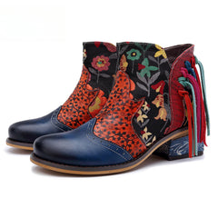 Socofy Vicconfy Leather Printed Fringe Cowboy Boots