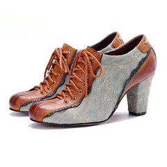 Socofy Genuine Leather Retro Fashion Lace Up Heels pumps