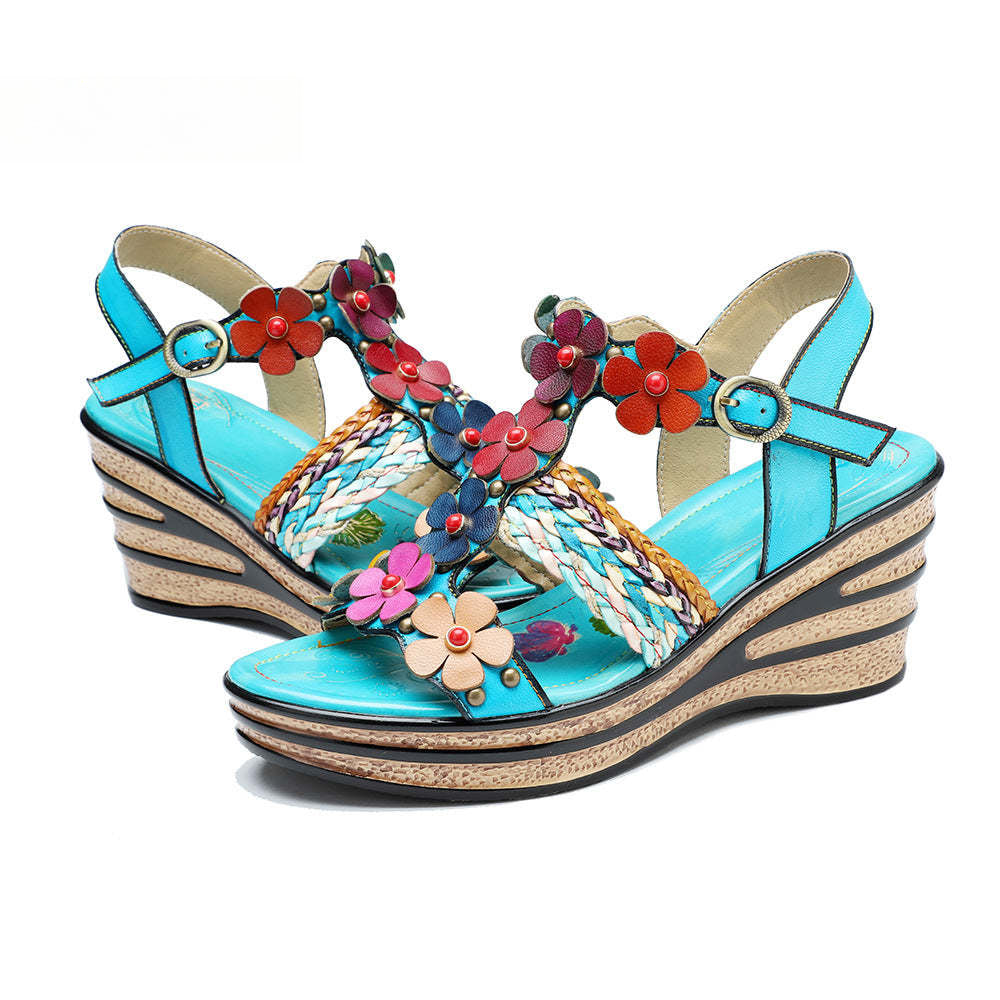 Socofy summer genuine leather bohemian style comfortable wedge sandals for women