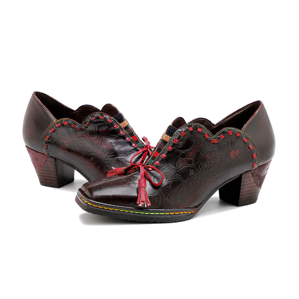 Socofy spot genuine leather bow tassel retro palace style thick heel women's high heels