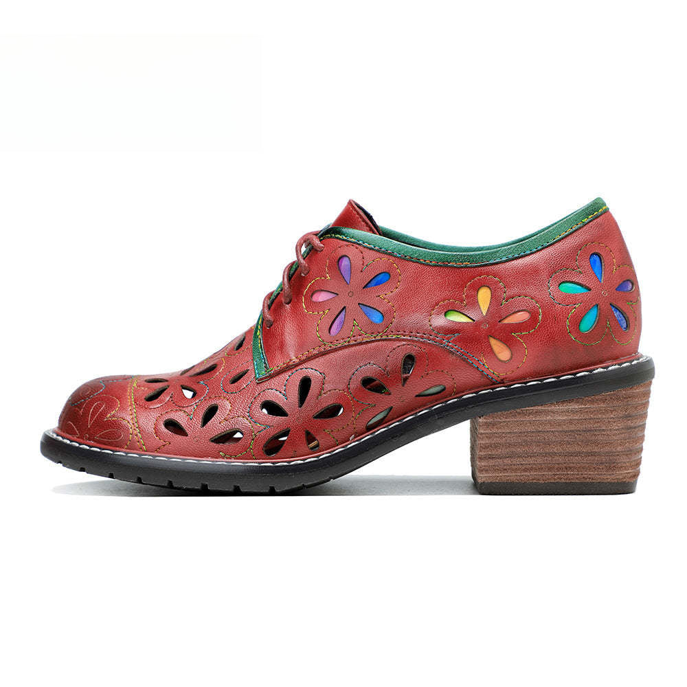 Socofy New style genuine leather retro contrasting hollow lace-up women's shoes