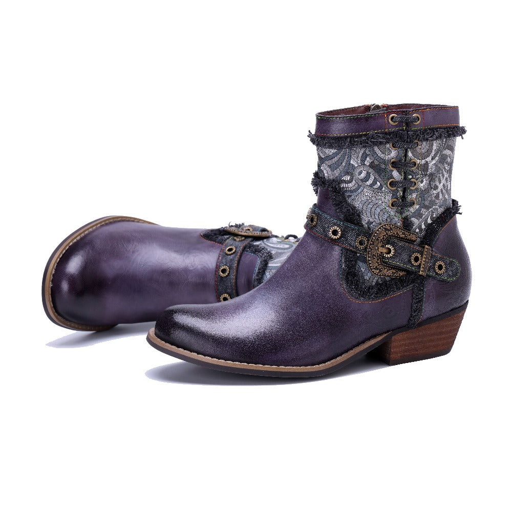 Socofy Handmade Leather Side Zipper Short Boots