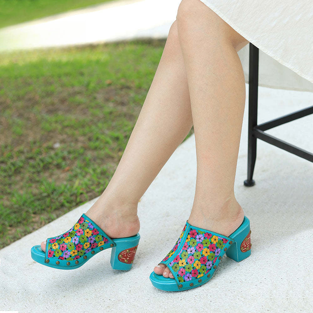 Socofy leather rubbed colour vintage floral casual fashion high heeled sandals