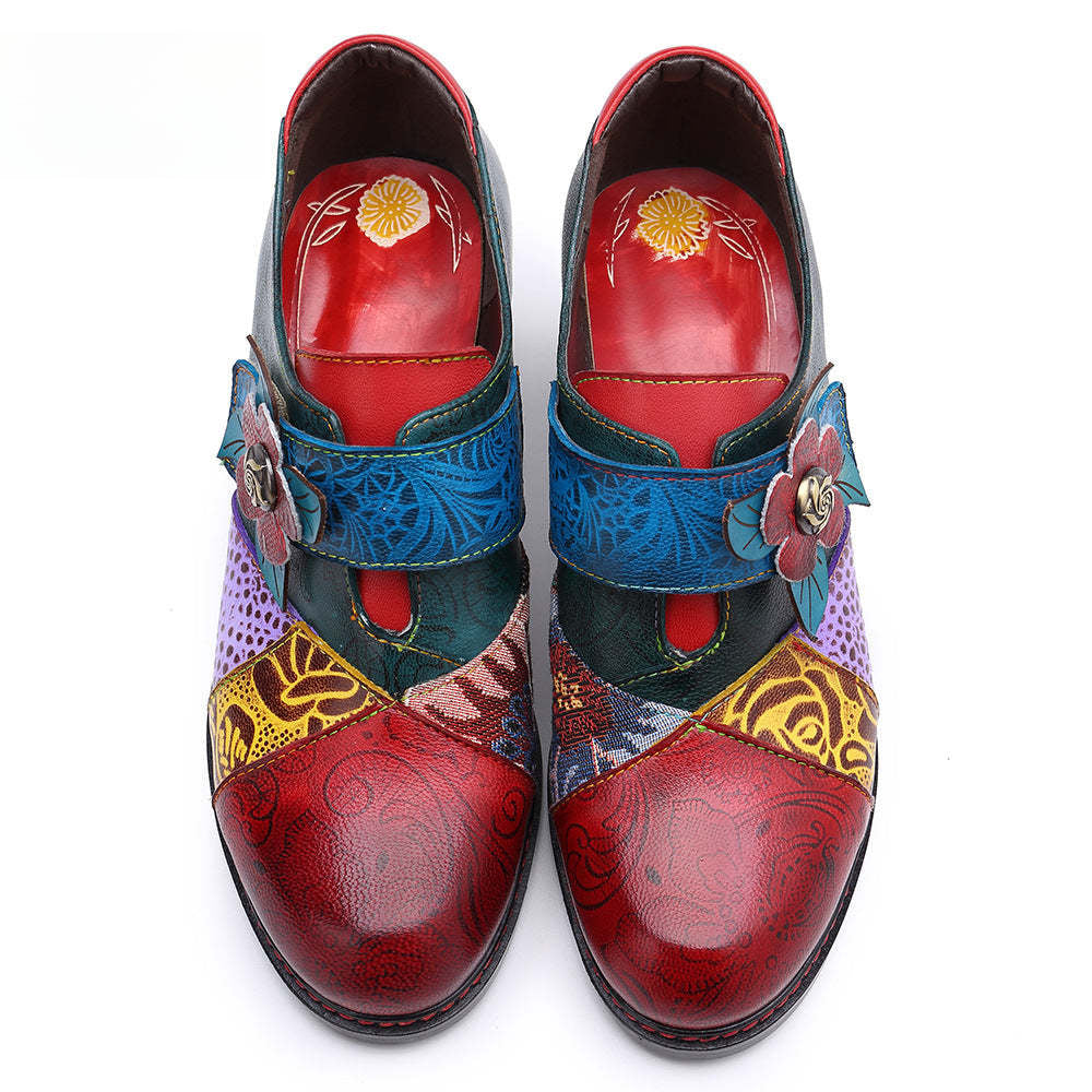 Socofy retro printing splicing ethnic style high heels women's shoes