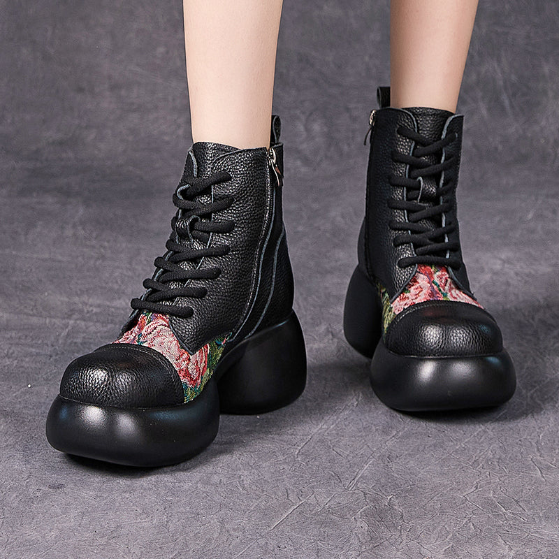 Socofy Retro Chinese Leather Platform Heel Boots
