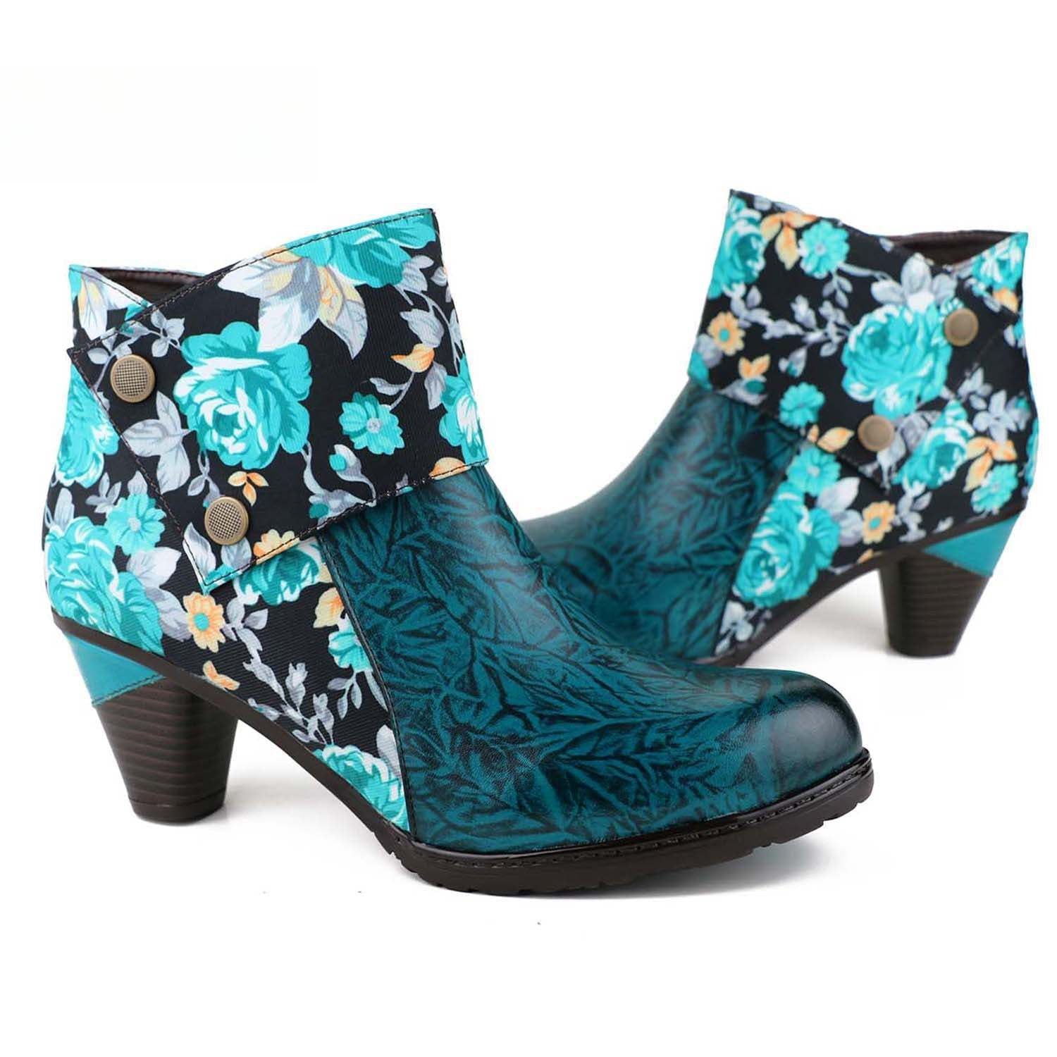Socofy Autumn ethnic style cowhide thickened mid-calf round toe fashion boots for women