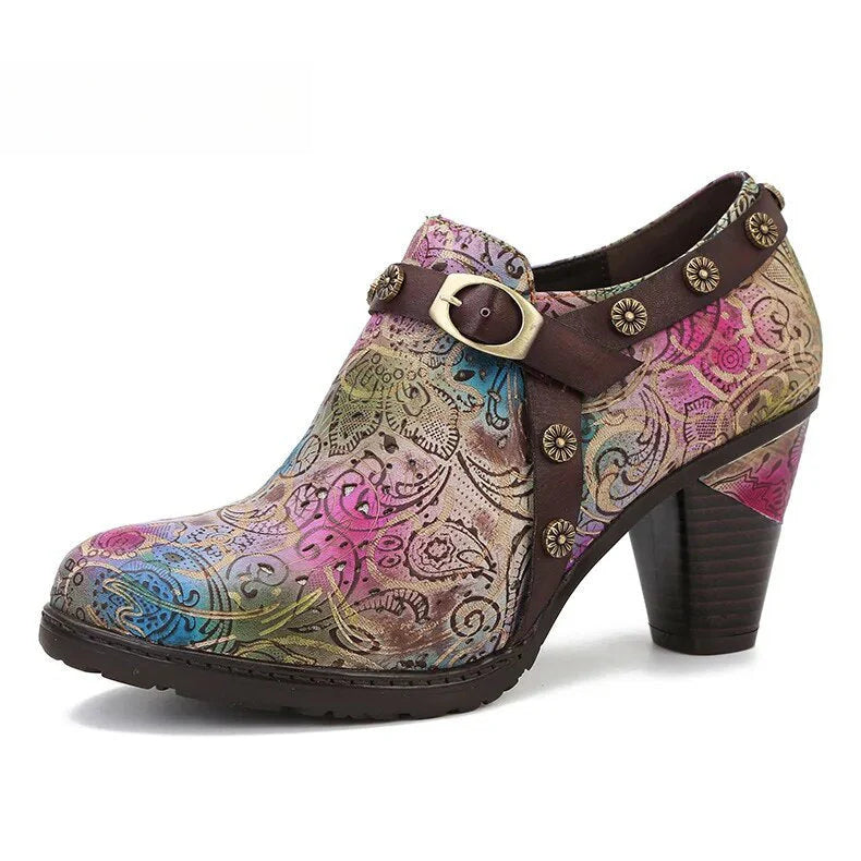 SOCOFY Genuine Leather Slip-On Square heel Round Toe Mixed Colors Heels