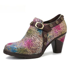 SOCOFY Genuine Leather Slip-On Square heel Round Toe Mixed Colors Heels