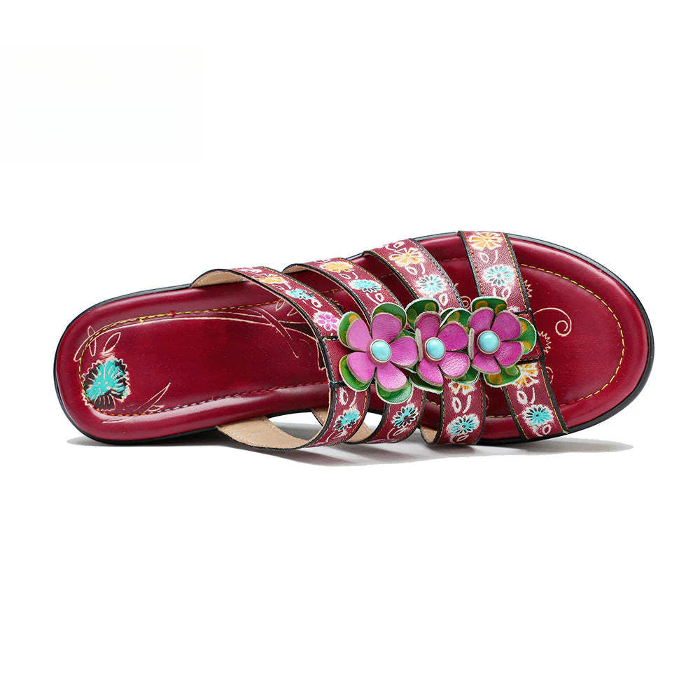 Socofy Summer Leather Vintage Flower Slope Heel Sandals Slippers
