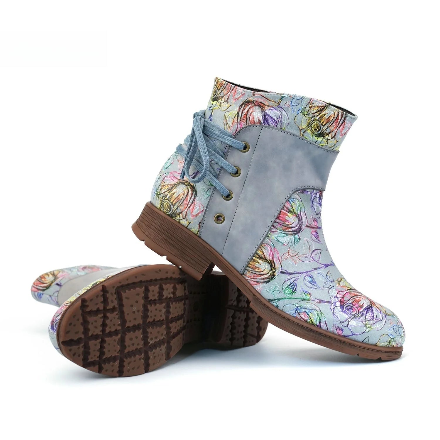 Socofy Vicconfy Retro Leather Blossom Casual Comfort Ankle Boots