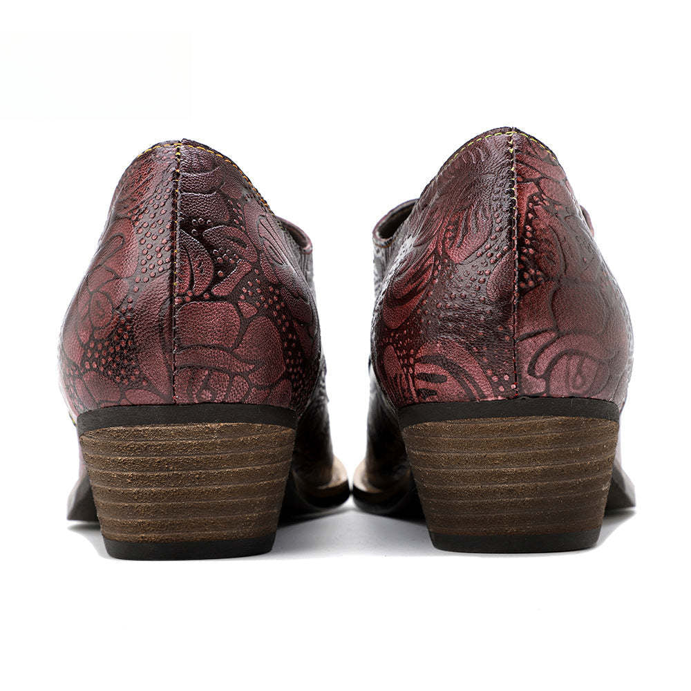 Socofy leather retro British style dark flower texture women's thick heel flat shoes
