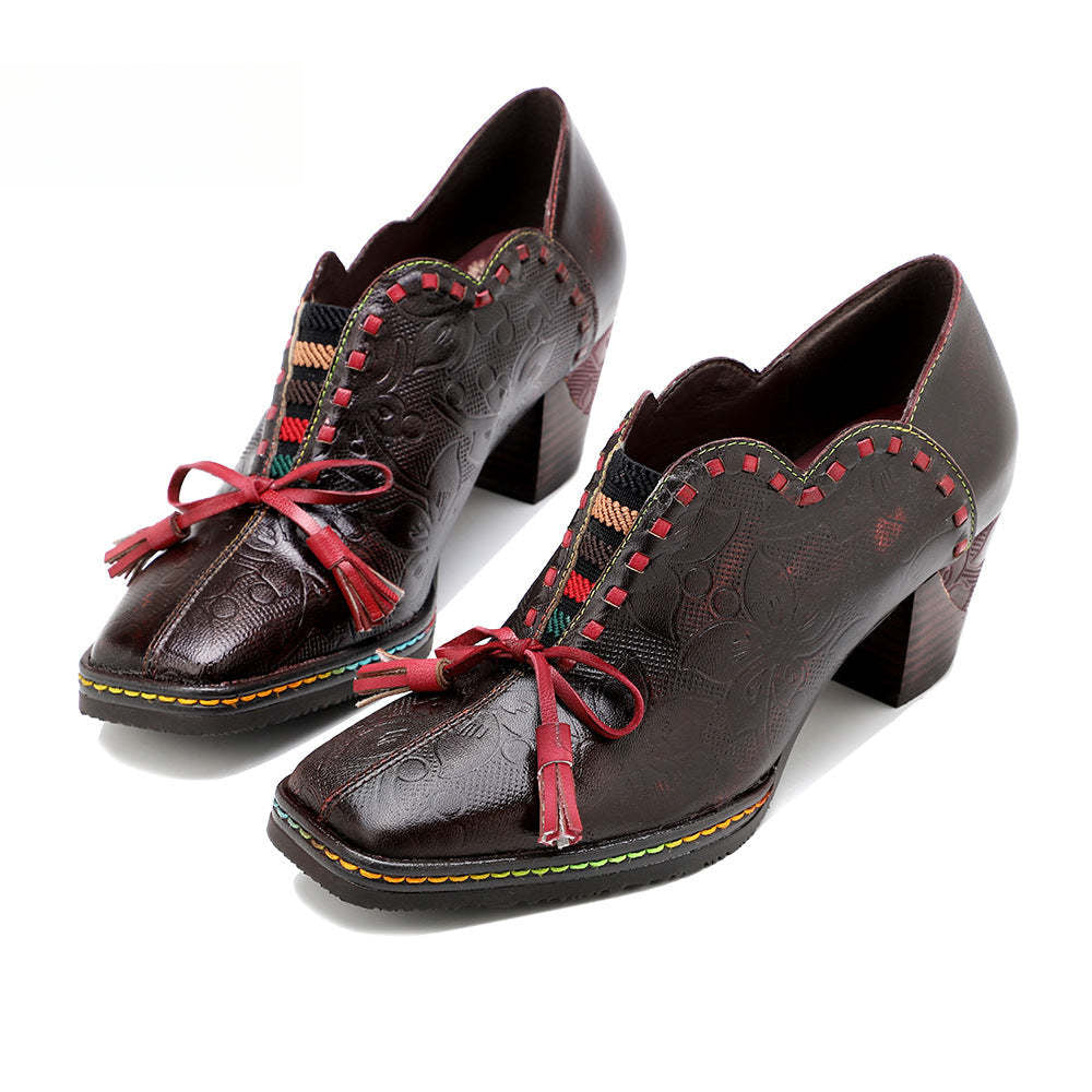 Socofy spot genuine leather bow tassel retro palace style thick heel women's high heels