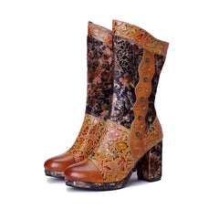 Socofy Winter Vintage Print Heeled Boots