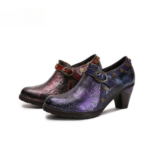 Socofy Ethnic style thick heel retro shoes pumps 750