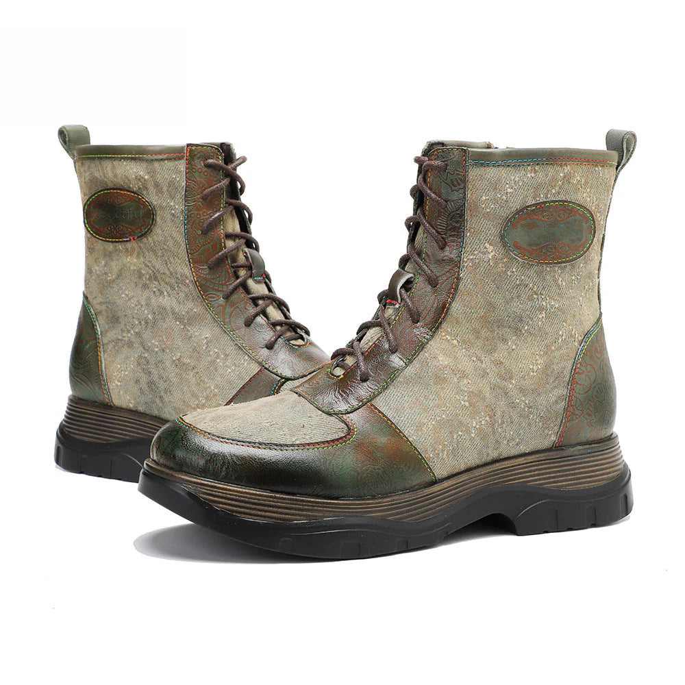 Socofy Vicconfy Genuine Leather Vintage Lace-Up Comfort Boots