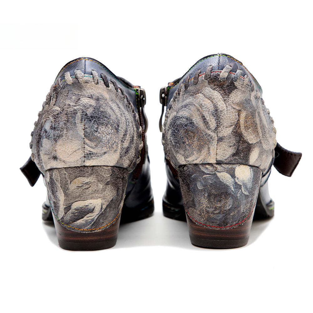 Socofy leather patchwork retro belt buckle chunky heel women's shoes